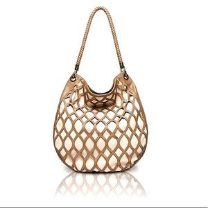 Kristina George Luna Laser-Cut Calfskin Leather Hobo Bag in Taupe & Bone